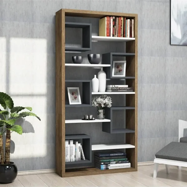 Biblioteca/etajera carti, Hamdo Homs, alb/nuc/gri antracit, 160 x 80 x 22 cm, PAL