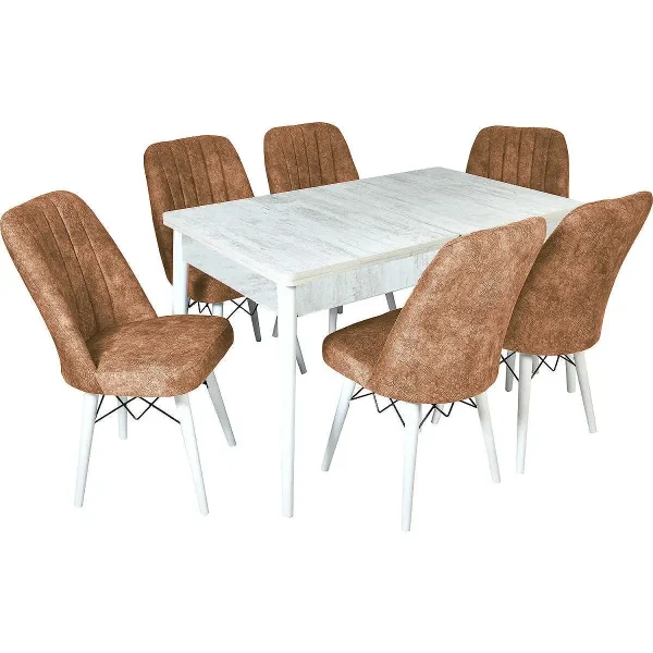 Set masa extensibila de bucatarie alba si 6 scaune Cargold Homs maro