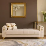 Canapea extensibila cu lada de depozitare 220x87x93 cm , bej si detalii aurii –Camara - imagine 6