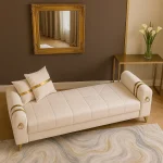 Canapea extensibila cu lada de depozitare 220x87x93 cm , bej si detalii aurii –Camara - imagine 7