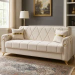 Canapea extensibila cu lada de depozitare 220x87x93 cm , bej si detalii aurii –Camara