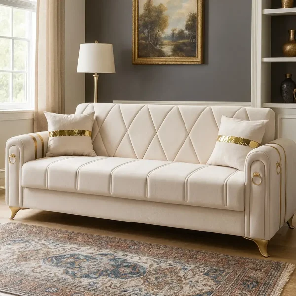 Canapea extensibila cu lada de depozitare 220x87x93 cm , bej si detalii aurii –Camara