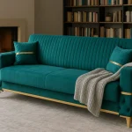 Canapea extensibila cu lada de depozitare 220x90x97 cm – stofa verde, detalii aurii – Vegas - imagine 3