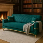 Canapea extensibila cu lada de depozitare 220x90x97 cm – stofa verde, detalii aurii – Vegas