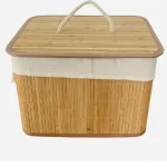Coș de depozitare cu capac din bambus, elegant și practic, cu interior textil - imagine 2