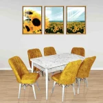 Set masa extensibila cu 6 scaune tapitate Homs cargold 250-30050 bejmarmurat-mustar,170 x 80 cm