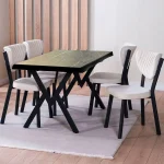 Set Masa Barton din MDF cu 4 Scaune din metal, culoare negru si bej, 140 cm