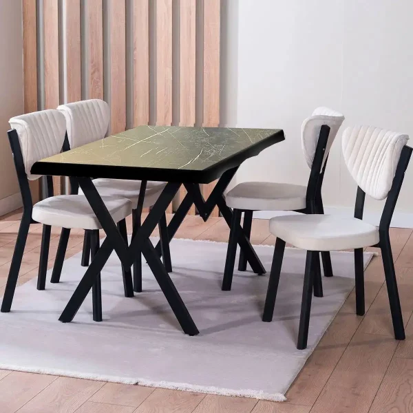 Set Masa Barton din MDF cu 4 Scaune din metal, culoare negru si bej, 140 cm