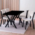 Set Masa Barton din MDF cu 4 Scaune din metal, culoare negru si bej, 140 cm - imagine 4