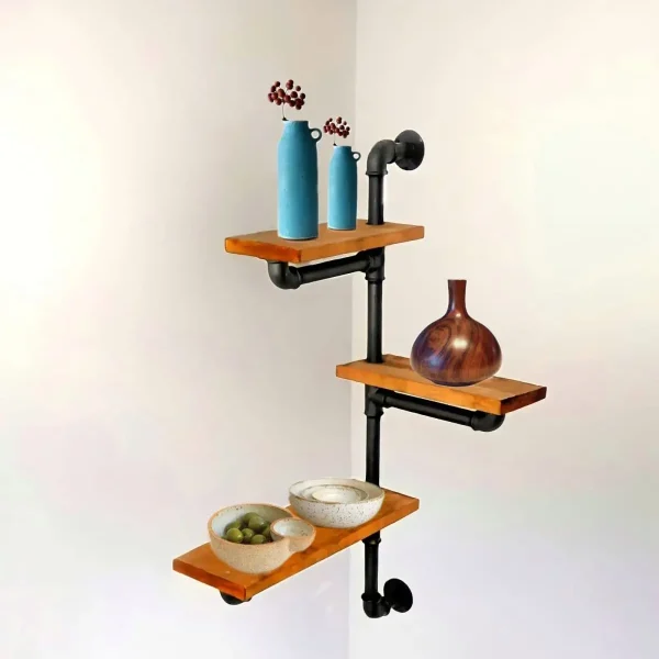 Raft cu 3 polite stil industrial din lemn-metal Homs 70 X 12 X 57 cm