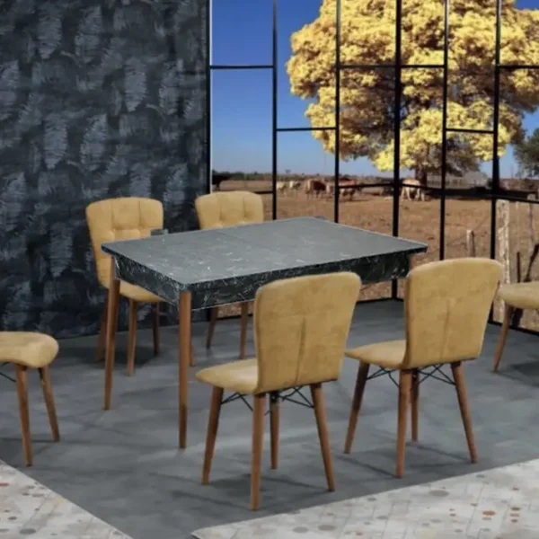 Set masa extensibila cu 6 scaune tapitate Homs cristal negru-mustar 170 x 80 cm