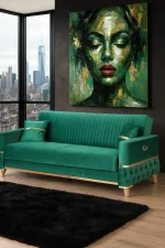 Canapea extensibila cu lada de depozitare 220x90x97 cm – stofa verde, detalii aurii – Vegas - imagine 4