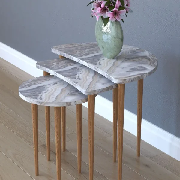 Set 3 masute cafea Moon Homs marmorat alb/nuc