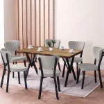 Set Masa de bucatarie Barton din MDF cu 4 Scaune din metal, nuc si bej, 140 cm - imagine 9