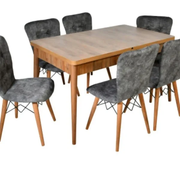 Set masa extensibila cu 6 scaune tapitate Homs nuc-gri 170 x 80 cm