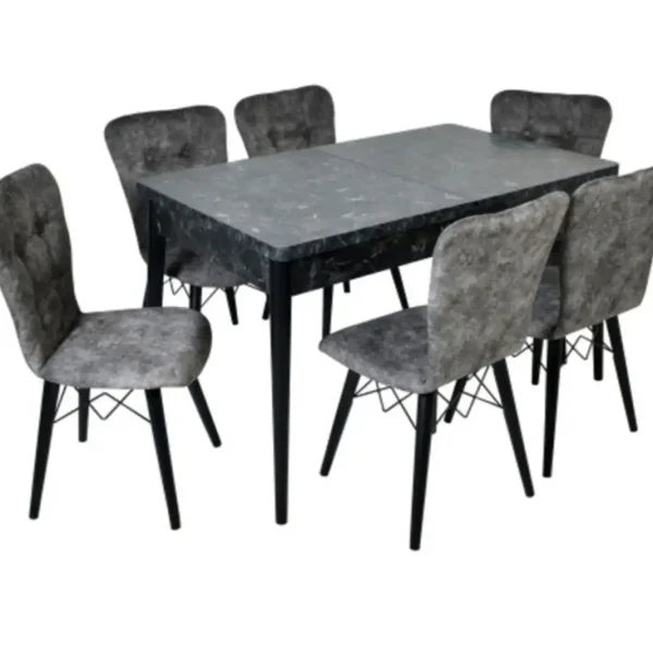 Set masa extensibila cu 6 scaune tapitate Homs cristal negru-gri 170 x 80 cm