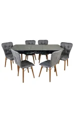 Set masa extensibila cu 6 scaune tapitate Homs cristal negru-gri 170 x 80 cm - imagine 3