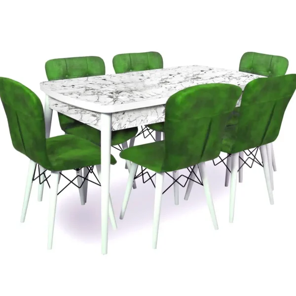 Set masa extensibila cu 6 scaune tapitate Homs cristal alb-verde 170 x 80 cm