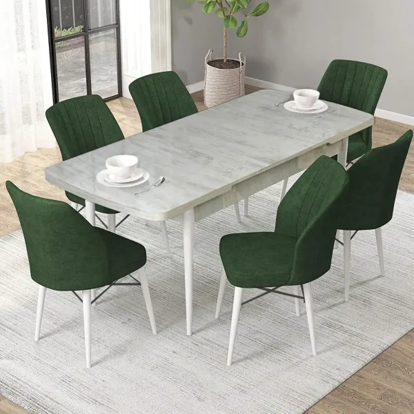 Set masa extensibila cu 6 scaune tapitate Homs cargold 250-30050 ALB-VERDE,170 x 80 cm